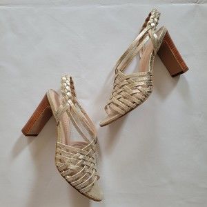 Pyramidis Anthropologie Strappy Leather Braided Gold Heel Womans Sandal Size 38